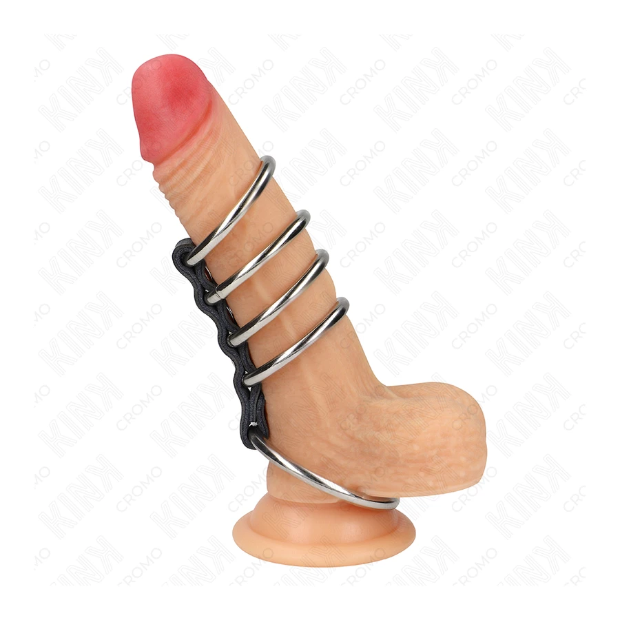 KINK - 5 ANELLI PER PENE DA 3,7 CM A 5 CM METALLO COLLEGATI DA PELLE
